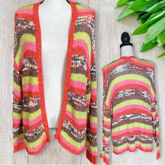 Rehab Sweaters - Rehab Vintage Boho Stripe Rainbow Crochet Open Cardigan Sweater Size S/M